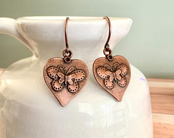 Rustic Butterfly Heart Earrings, Nature Earrings, Antique Copper Plated Earrings, #4798