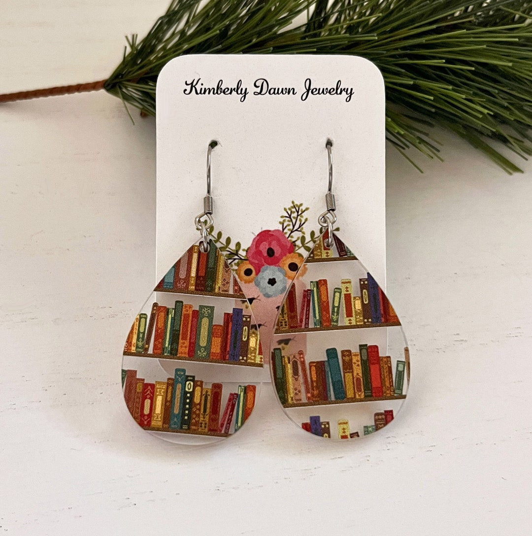Book Nook Literary Earrings, Bookshelf Acrylic Teardrop Earrings, Gift ...