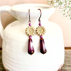 Czech Glass Beaded Earrings, Boho Floral Drop Earrings, Copper Dangle Earrings, #4668