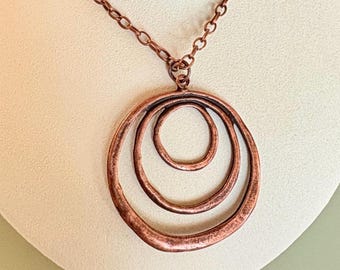 Hammered Copper Circle Necklace – Boho Ripple Pendant Jewelry, #4710