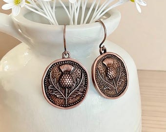 Rustic Thistle Earrings, Nature Earrings, Scottish Thistle Flower Earrings, Antique Copper Earrings, #4455