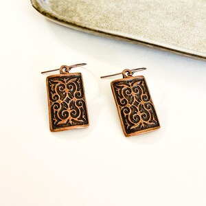 Rustic Copper Filigree Earrings, Scroll Earrings, Antique Copper Plated Charm Earrings, #4527