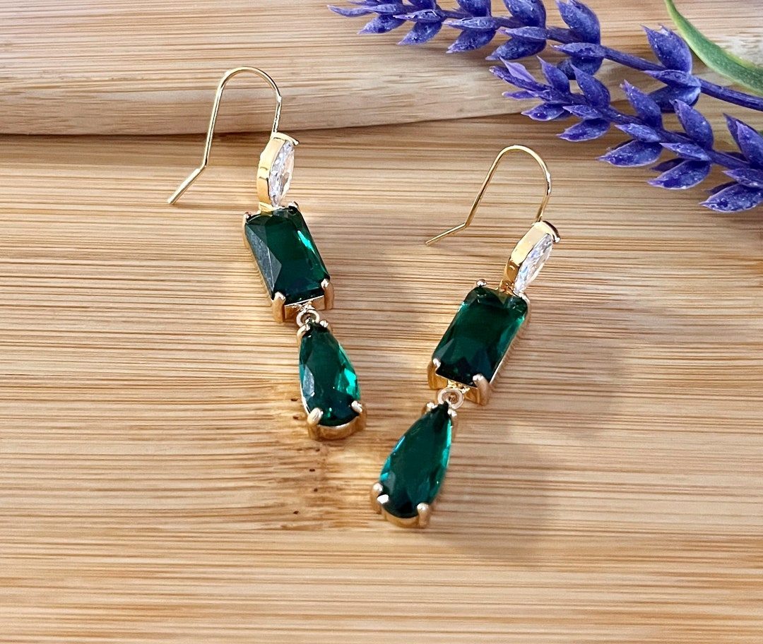 Emerald Green Dangle Earrings Emerald Drop Brass Earrings Etsy