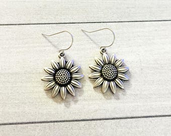 Rustic Sunflower Earrings, Nature Earrings, Antique Silver Plated Charm Earrings, #4487