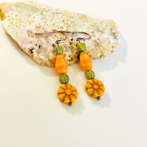 Czech Glass Beaded Earrings, Boho Floral Drop Earrings, Copper Dangle Earrings, #4371