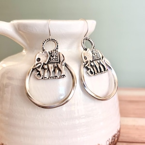 Rustic Elephant Earrings, Animal Earrings, Antique Silver Charm Earrings, #4349