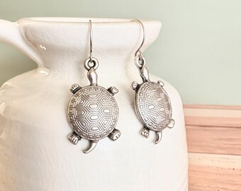 Rustic Sea Turtle Earrings, Animal Earrings, Antique Silver Plated Earrings, #4365