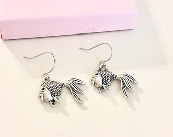 Rustic Fish Earrings, Sea Life Earrings, Antique Silver Plated Charm Earrings, #4571