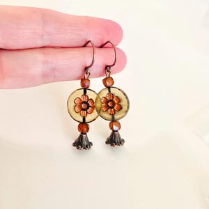 Czech Glass Floral Earrings, Boho Copper Drop Earrings, Beaded Dangle Earrings, #4669