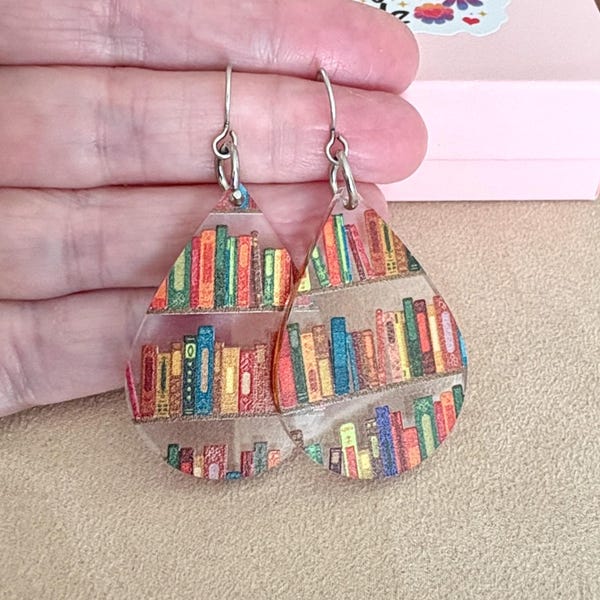 Pendientes Book Nook, divertidos pendientes de lágrima con forma de estantería, regalo para profesores y amantes de los libros, n.° 3555