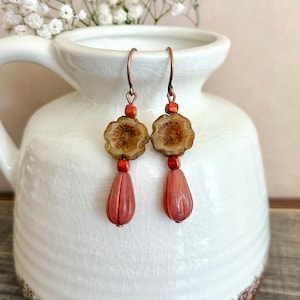 Czech Glass Beaded Earrings, Boho Floral Drop Earrings, Copper Dangle Earrings, #4670