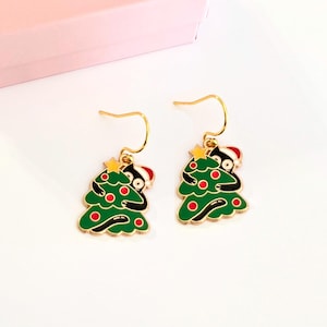 Christmas Tree Cat Earrings, Peeking Cat Holiday Earrings, Dangle Earrings, #4154