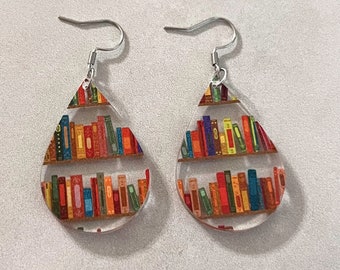 Book Nook Literary Earrings, Bookshelf Acrylic Teardrop Earrings,  Gift For Teacher, Book Lover Earrings, #3555
