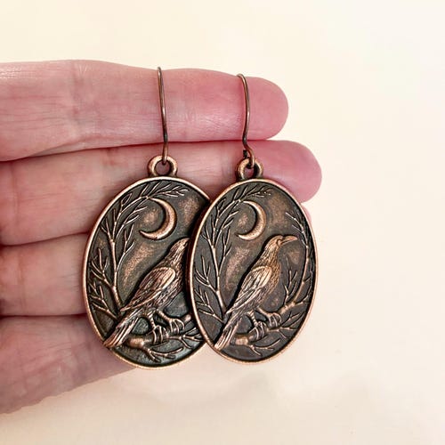 Rustic Raven Earrings, Nature Earrings, Goth Earrings, Antique Copper Earrings, #4443
