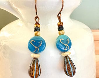 Boho Rustic Bird Earrings, Earthy Czech Glass Bird Earrings, Rustic Nature Jewelry, #4741