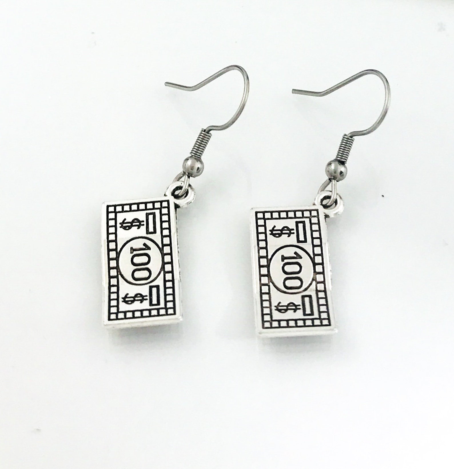 100 Dollar Bill Earrings Money Earrings Antique Silver Tone Etsy