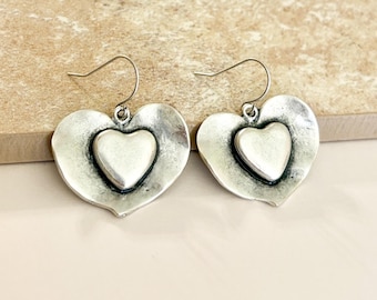 Rustic Puffy Heart Earrings, Valentine Earrings, Antique Silver Plated Charm Earrings, #4467