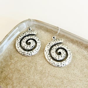Rustic Boho Spiral Earrings, Swirl Hammered Earrings, Antique Silver Plated Charm Earrings, #4509