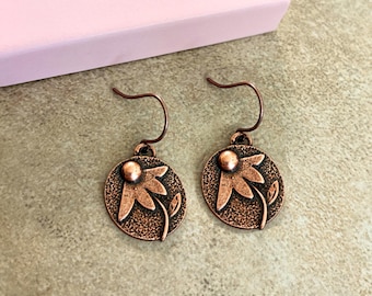 Rustic Daisy Flower Earrings, Nature Floral Earrings, Antique Copper Plated Charm Earrings, #4243
