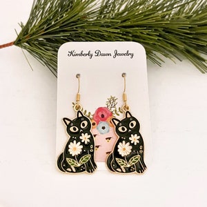 Black Cat Daisy Earrings, Cat Mom Earrings, Flower Cat Dangle Earrings, #2957