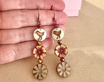 Czech Glass Bird Earrings – Nature Floral Dangle Earrings, Handmade Artisan Jewelry, #4725