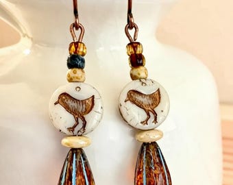 Boho Rustic Songbird Earrings, Earthy Czech Glass Bird Earrings, Rustic Nature Jewelry, #4740