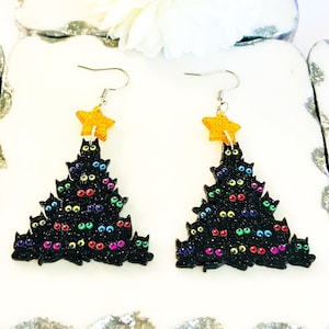 Christmas Tree Cats Earrings, Cat Lover Earrings, Kitty Dangle Earrings, #4273