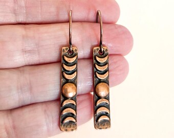 Rustic Moon Phases Earrings, Celestial Earrings, Antique Copper Plated Earrings, #4428