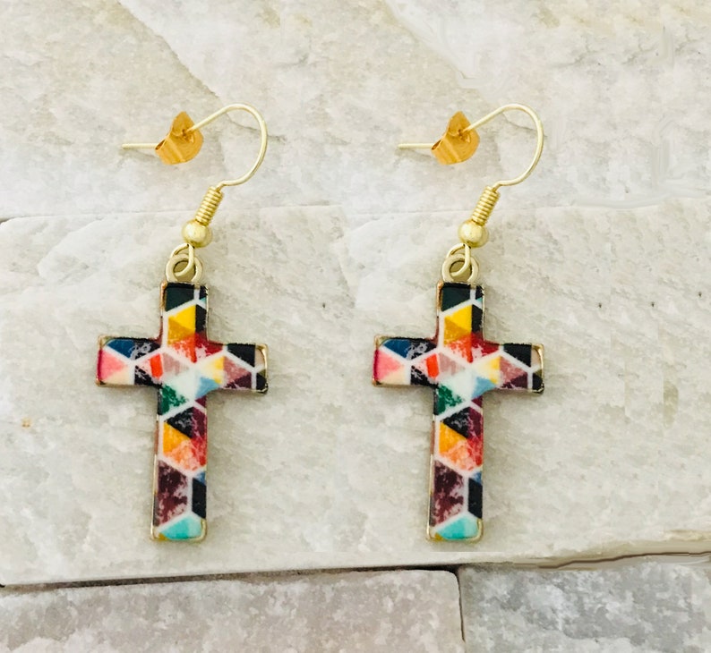 Cross Earrings Religious Earrings Mosaic Earrings 1971 Etsy
