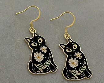 Cat Earrings, Black Cat Flower Earrings, Cat Mom Earrings, Gift For Cat Lover, #2957