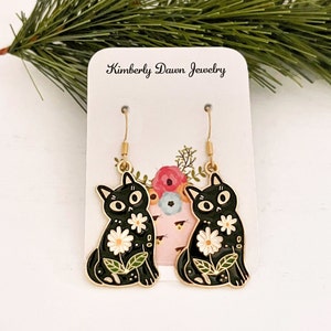 Black Cat Daisy Earrings, Cat Mom Earrings, Flower Cat Dangle Earrings, #2957