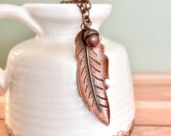 Rustic Acorn And Leaf Necklace, Nature Necklace, Antique Copper Necklace, #4411