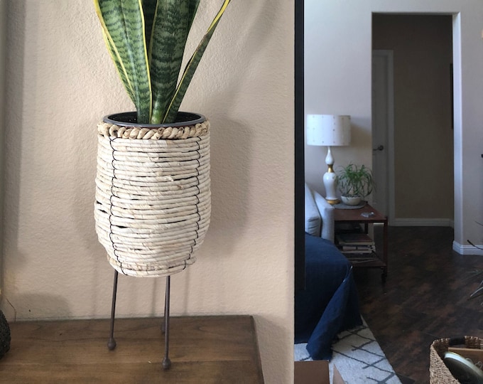 Natural woven rope container with metal legs 6” x 12 1/2