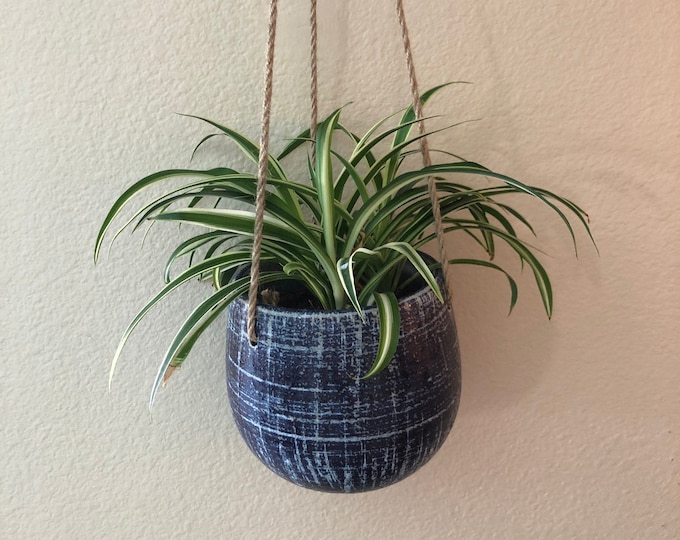 Blue patterned hanging planter with jute rope holes in 5 inch or smaller plant