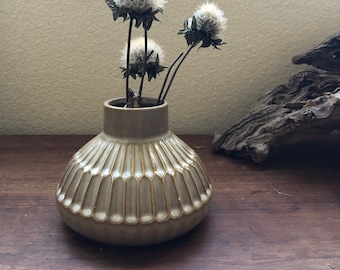 Beige reactive glaze fluted vase 6” D  by 4 1/2 H