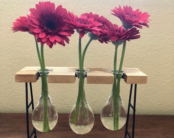 Teardrop tabletop vase wood and glass 4 pieces. 9-1/2"L x 2-1/2"W x 6-3/4"H Wood & Metal Stand w/ 3 Glass Vases