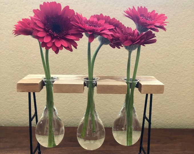 Teardrop tabletop vase wood and glass 4 pieces. 9-1/2"L x 2-1/2"W x 6-3/4"H Wood & Metal Stand w/ 3 Glass Vases