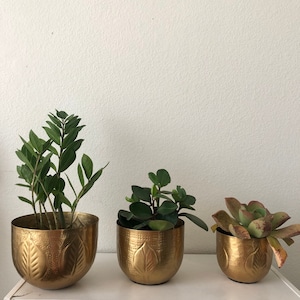 leaf debossed gold metal planter