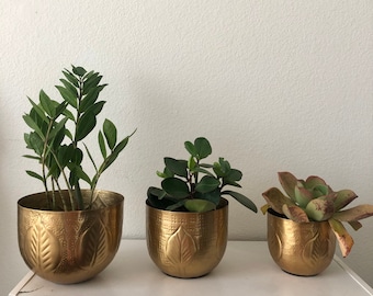 leaf debossed gold metal planter