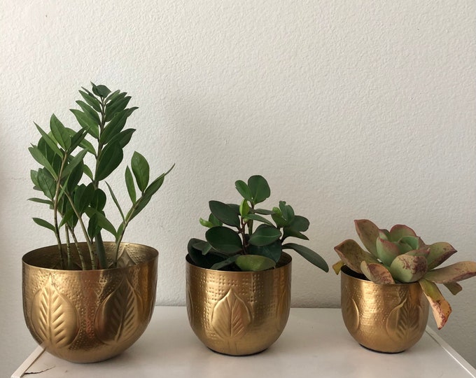 leaf debossed gold metal planter