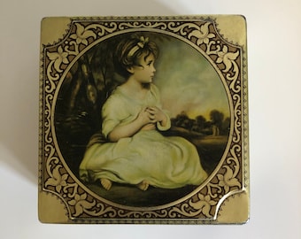 Vintage Victorian style candy tin 2 1/2”x5 1/2” x 5 1/2”