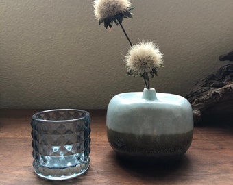 Ceramic blue and green two toned bud vase reactive glaze
