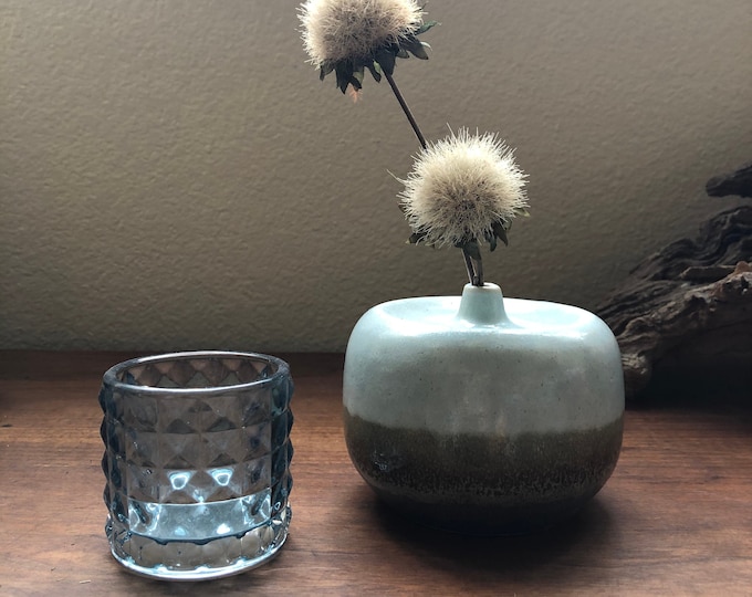Ceramic blue and green two toned bud vase reactive glaze