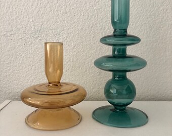 Mod blue and orange taper candle stick holders or bud vase Blue is 3 3/4"x7 3/4". Orange is 4 3/4" H