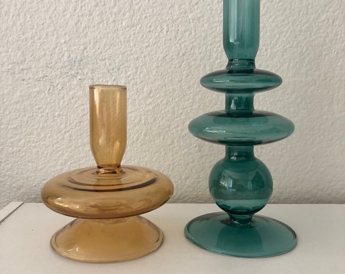 Mod blue and orange taper candle stick holders or bud vase Blue is 3 3/4"x7 3/4". Orange is 4 3/4" H