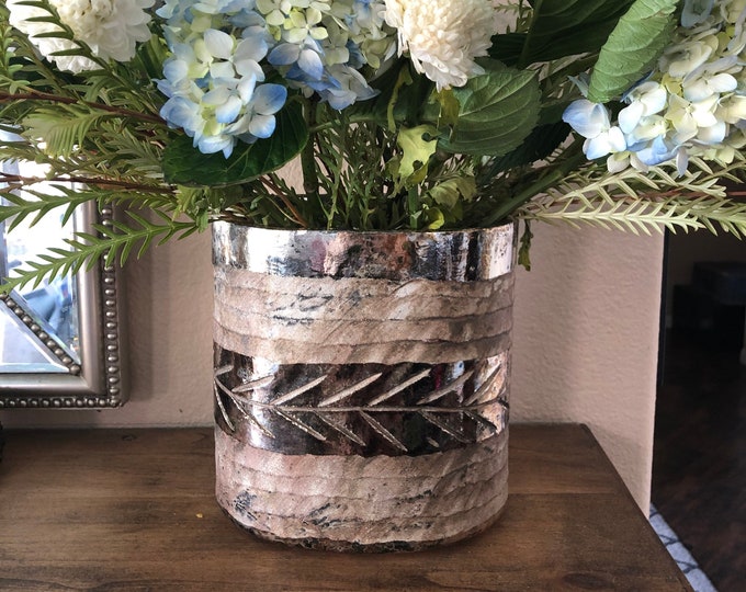 Copper colored etched mercury glass vase or votive holder