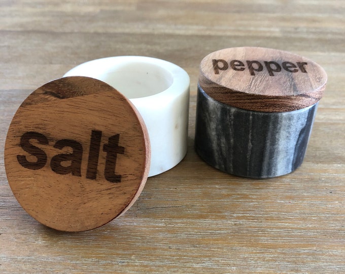 2 1/2 inch round marble salt and pepper Potts with wood lid