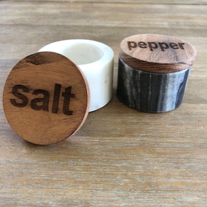 2 1/2 inch round marble salt and pepper Potts with wood lid