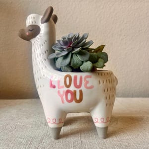May include: White ceramic llama planter with brown ears and a pink and gold "I Love You" inscription. The planter has a succulent plant inside.