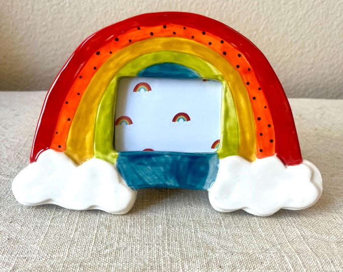 Handpainted rainbow shaped photo frame holds 3" x 2-1/4" image